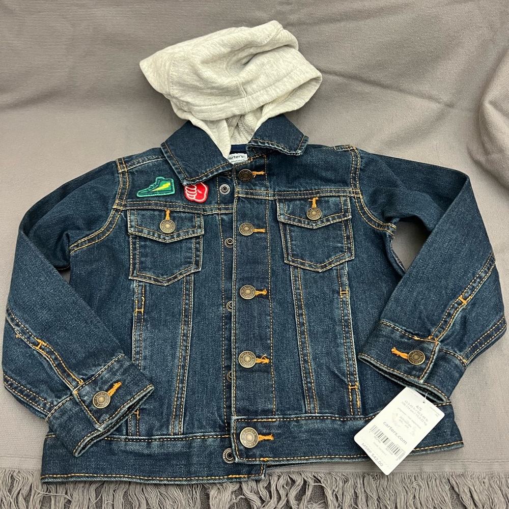 Carter’s Boys Graphic Denim Hoodie Jacket size 4-5 100% Cotton Snap Close NWT